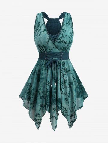 Plus Size Butterfly Flowers Leaf Flocking Ruched Lace Up Surplice Asymmetrical Tank Top - DEEP GREEN - L | US 12