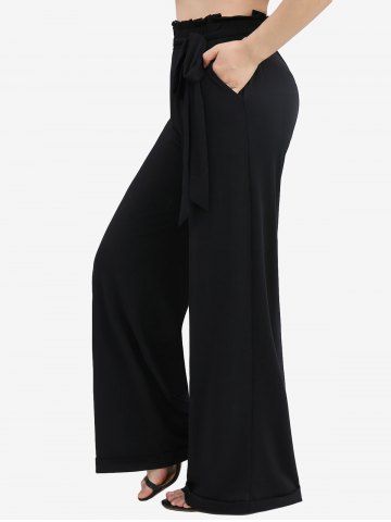 Plus Size Solid Color Waist Ruffles Wide Leg Pants With Tie Belt - BLACK - 3X | US 22-24