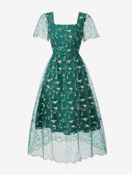Floral Embroidery Mesh Ruffles Lace Trim Vintage Dress -  