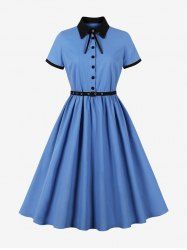 Zipper Buttons Shirt Collor Tie Bowknot Vintage Dress With Grommets Belt -  