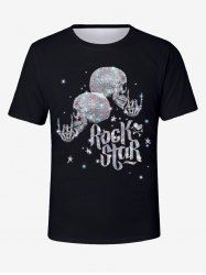 Plus Size Glitter Sparkling Skull Skeleton Letters Print Hawaii Rock Music T-shirt For Men -  