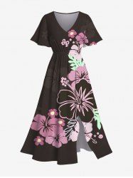 Robe Mi-Longue Linge A Fendue Feuille Papillon et Fleur Imprimés de Grande Taille avec Poche - Café profond 1X