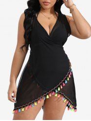 Plus Size Colorful Tassel Trim Crossover Surplice Plunging Sheer See Thru Tied Back Beach Cover Up -  