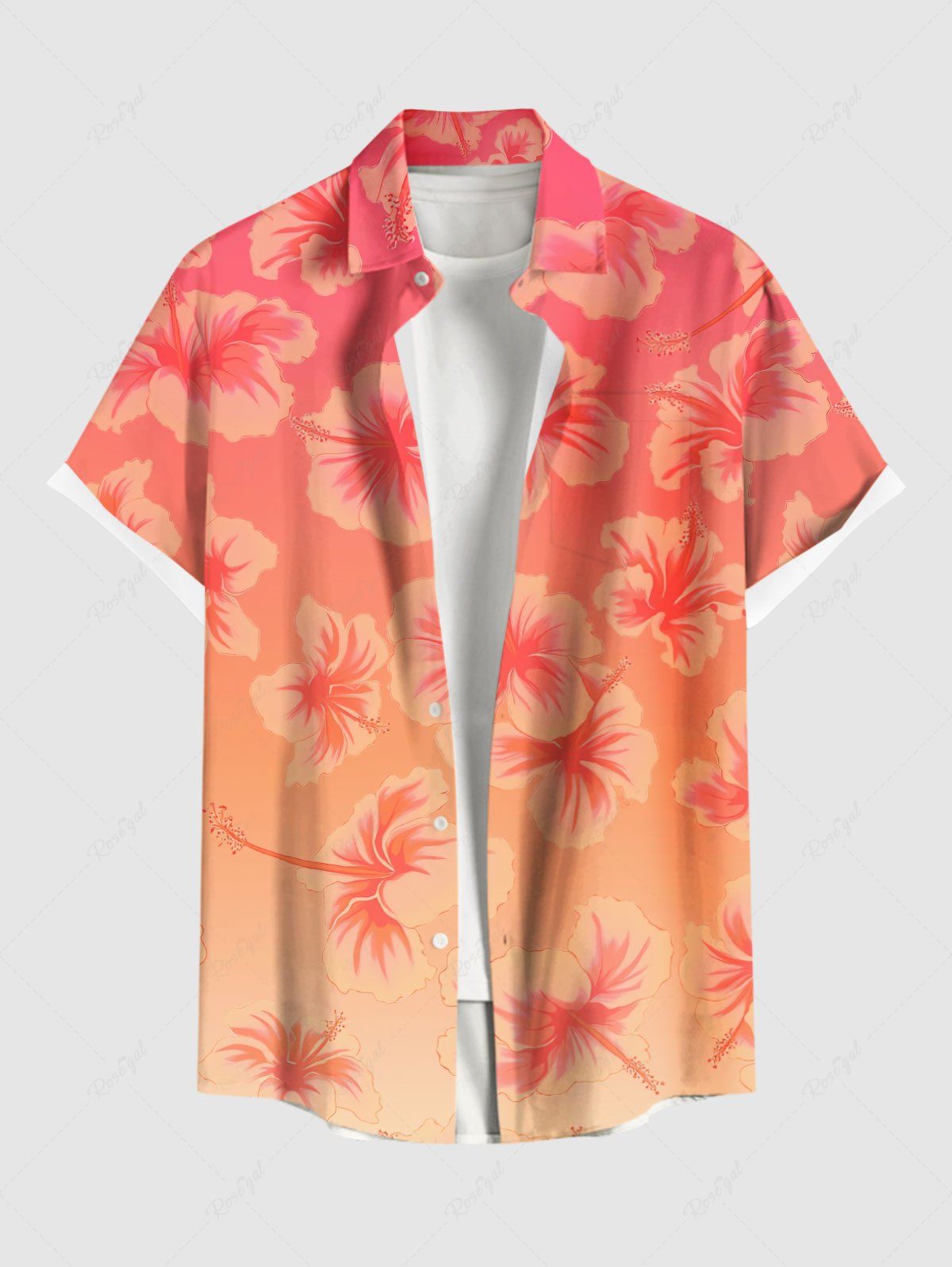 Store Plus Size Floral Dip Dye Ombre Print Hawaii Button Pocket Shirt For Men  