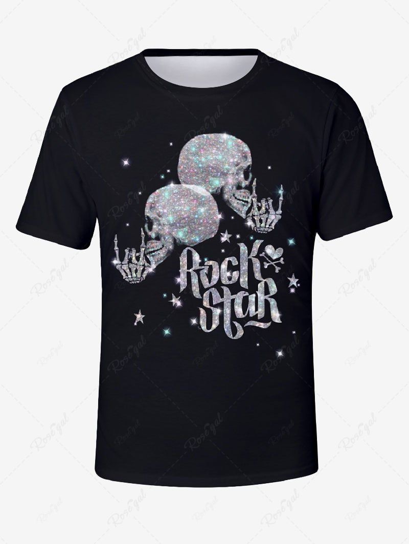 Shops Plus Size Glitter Sparkling Skull Skeleton Letters Print Hawaii Rock Music T-shirt For Men  