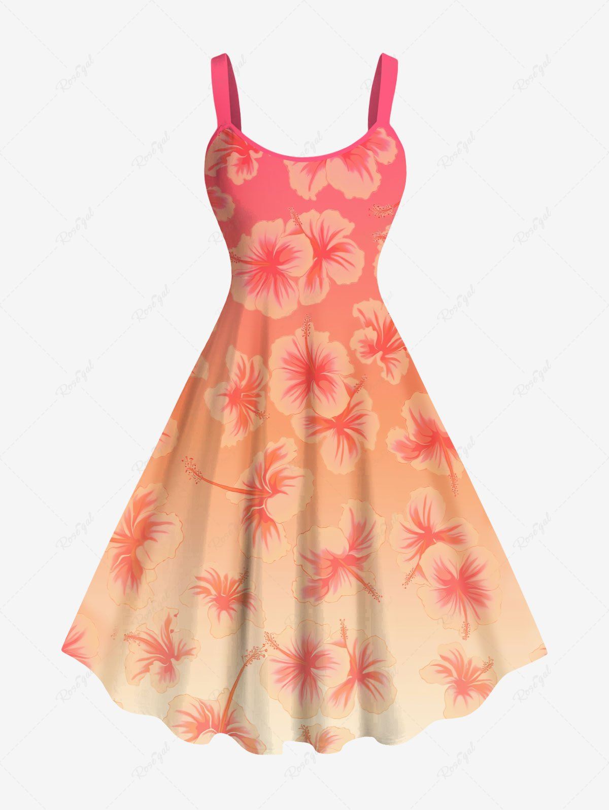 Outfits Plus Size Floral Dip Dye Ombre Print Hawaii A Line Tank Dress  
