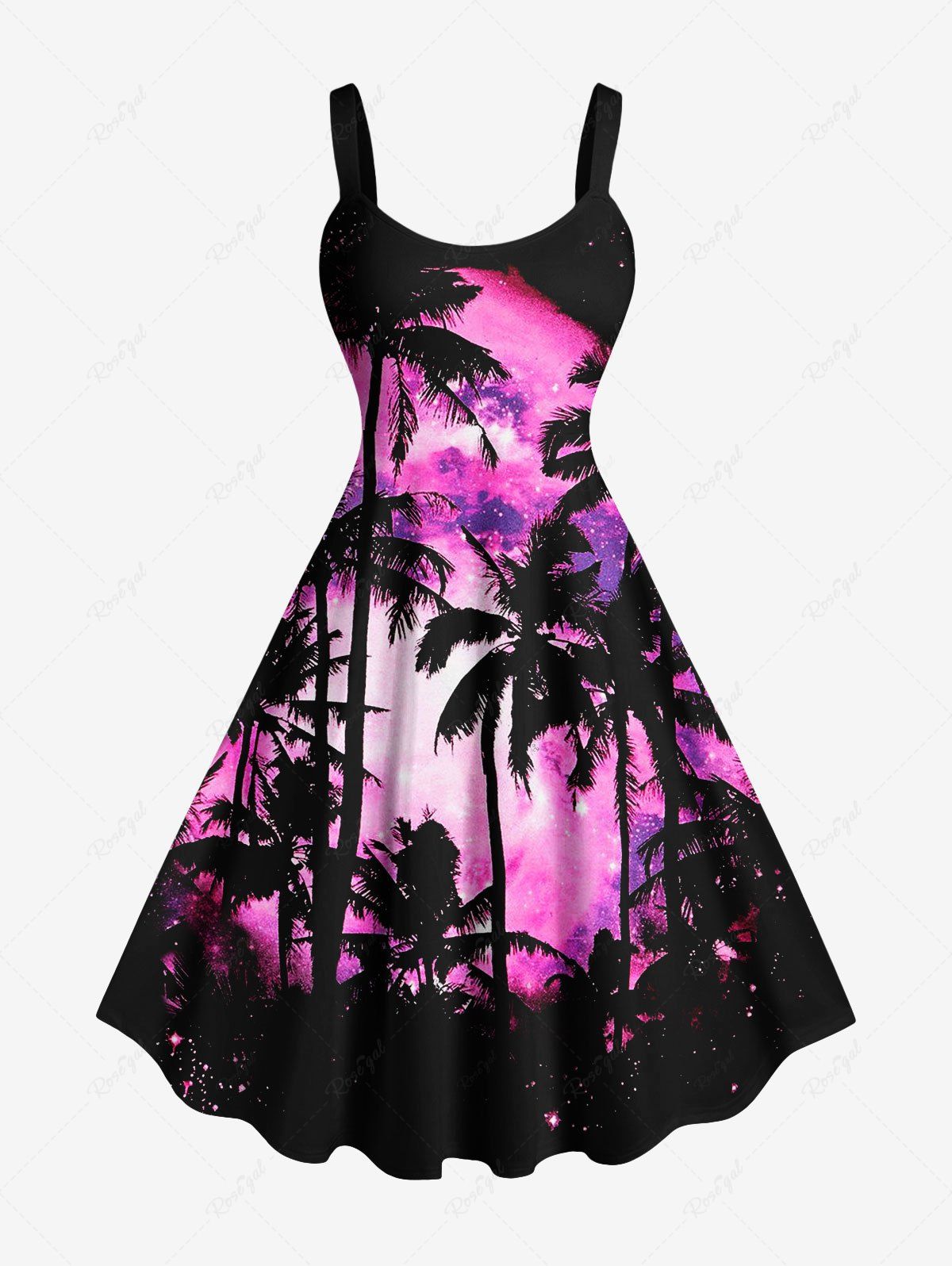Unique Plus Size Coconut Tree Tie Dye Sky Print Hawaii Tank Dress  
