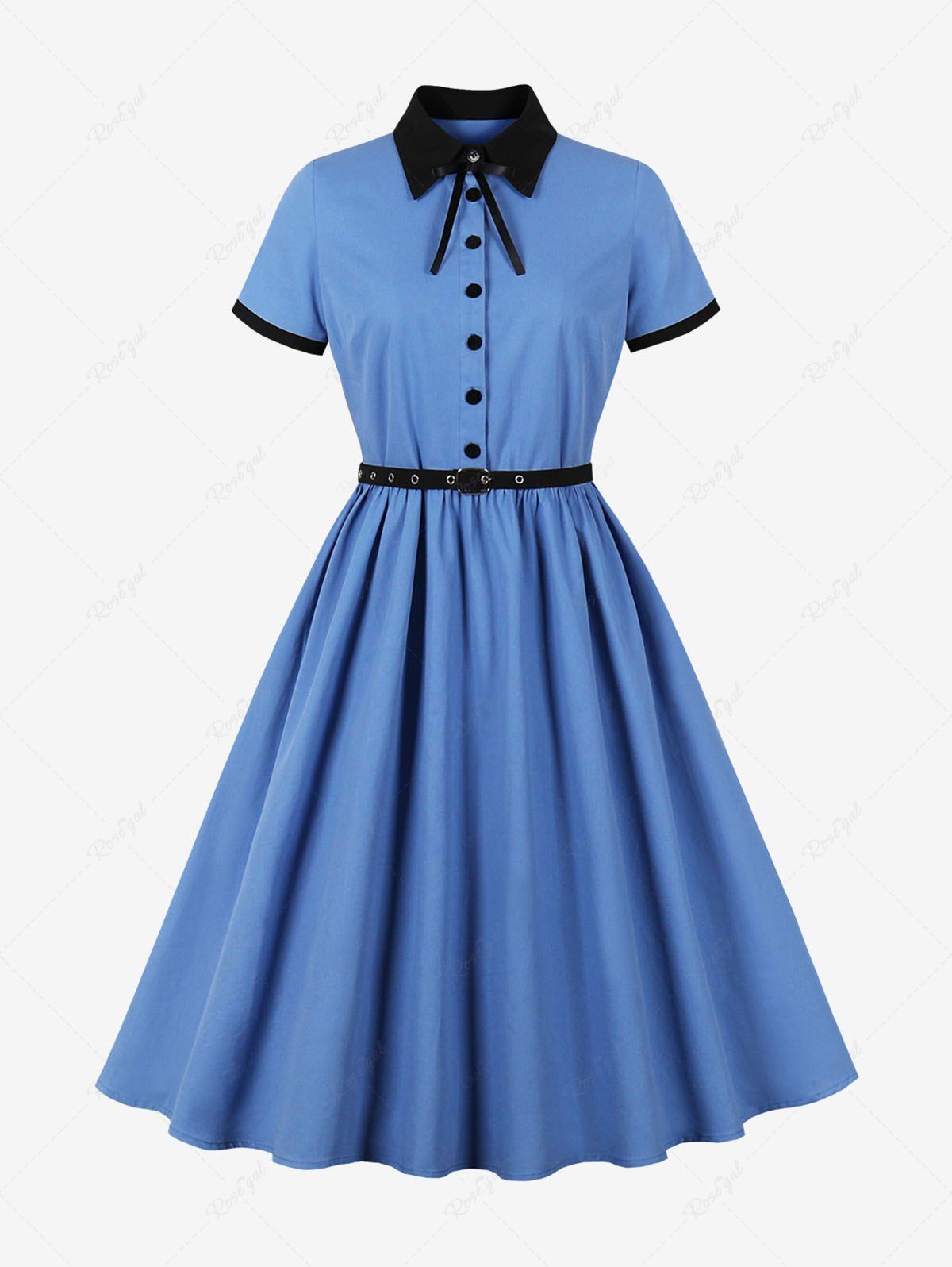Discount Zipper Buttons Shirt Collor Tie Bowknot Vintage Dress With Grommets Belt  