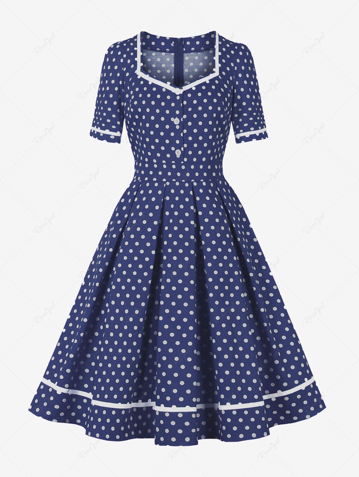 Unique Polka Dot Print Buttons Zipper Back Pleated Vintage Dress  
