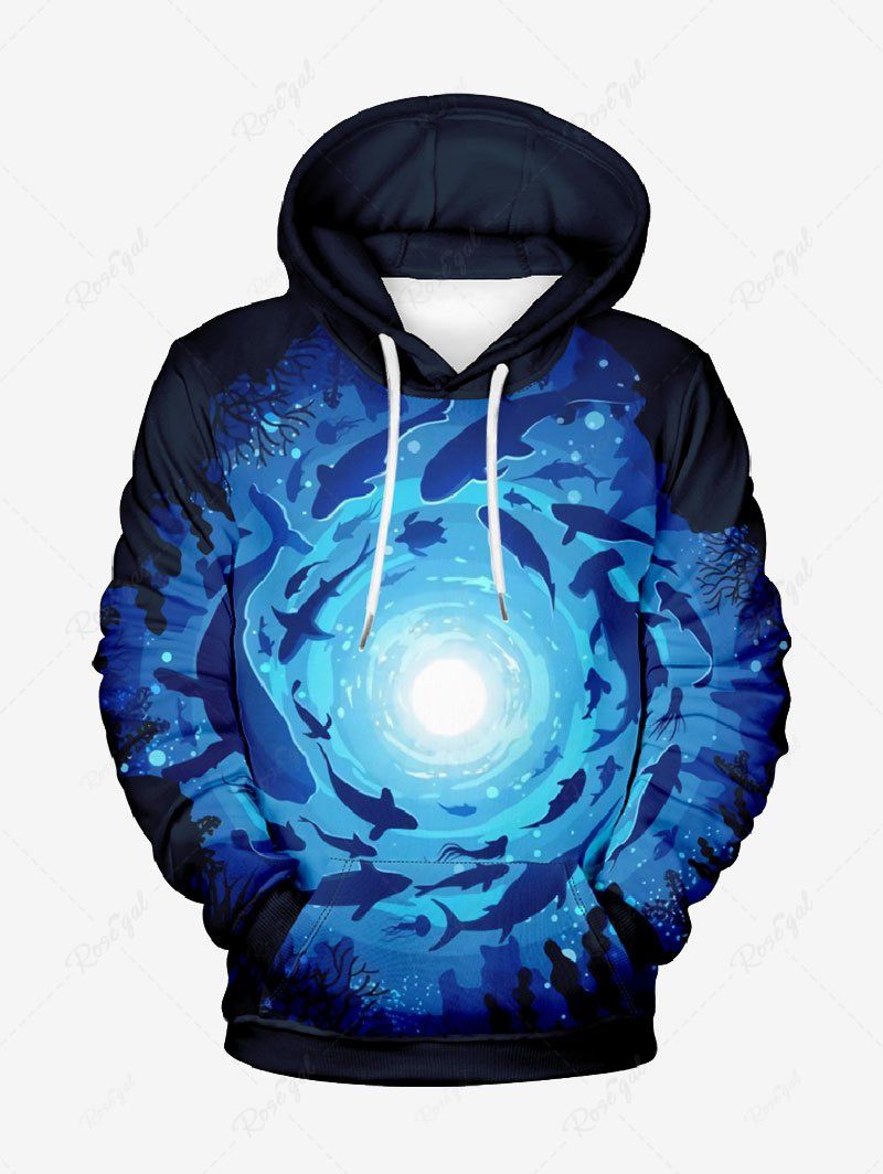 Plus Size Underwater World Dolphin Print Pocket Drawstring Hawaii Hoodie For Men Bleu profond 8XL