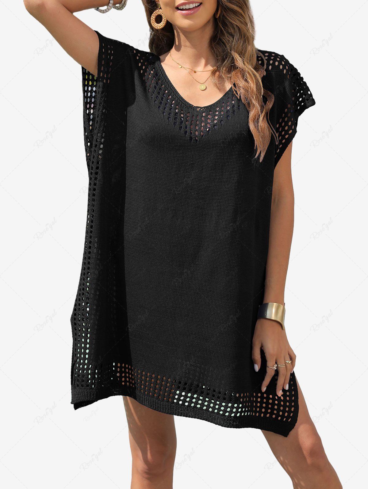 Latest Solid Hollow Out Crochet Split Side Beach Cover Up  