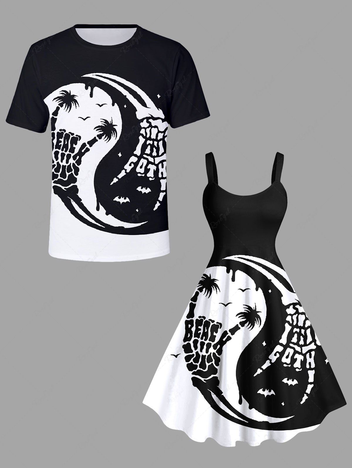 Tenue de Plage Grande Taille pour Couples en Forme de Squelette de Chauve-Souris et Arbre Noix de Coco Noir 