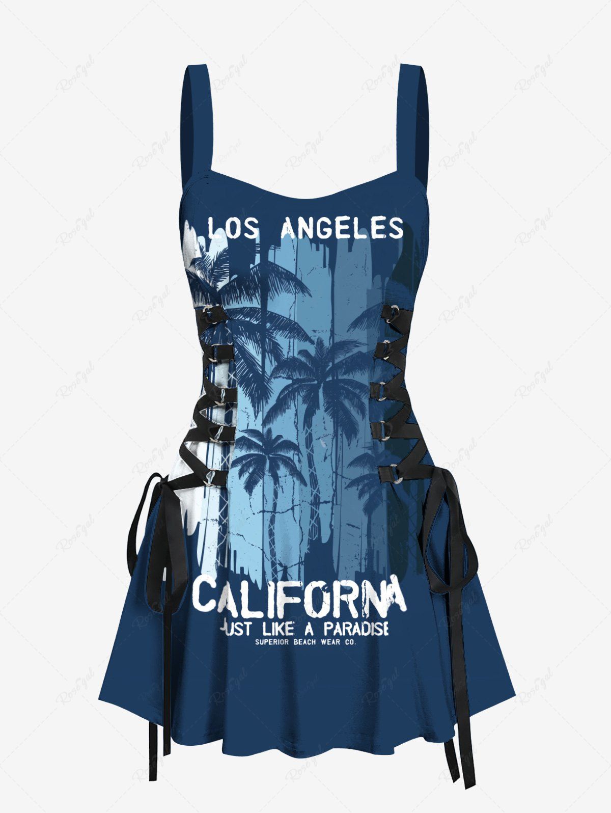 Hot Coconut Tree Ombre Colorblock Print Lace Up Hawaii Tank Dress  