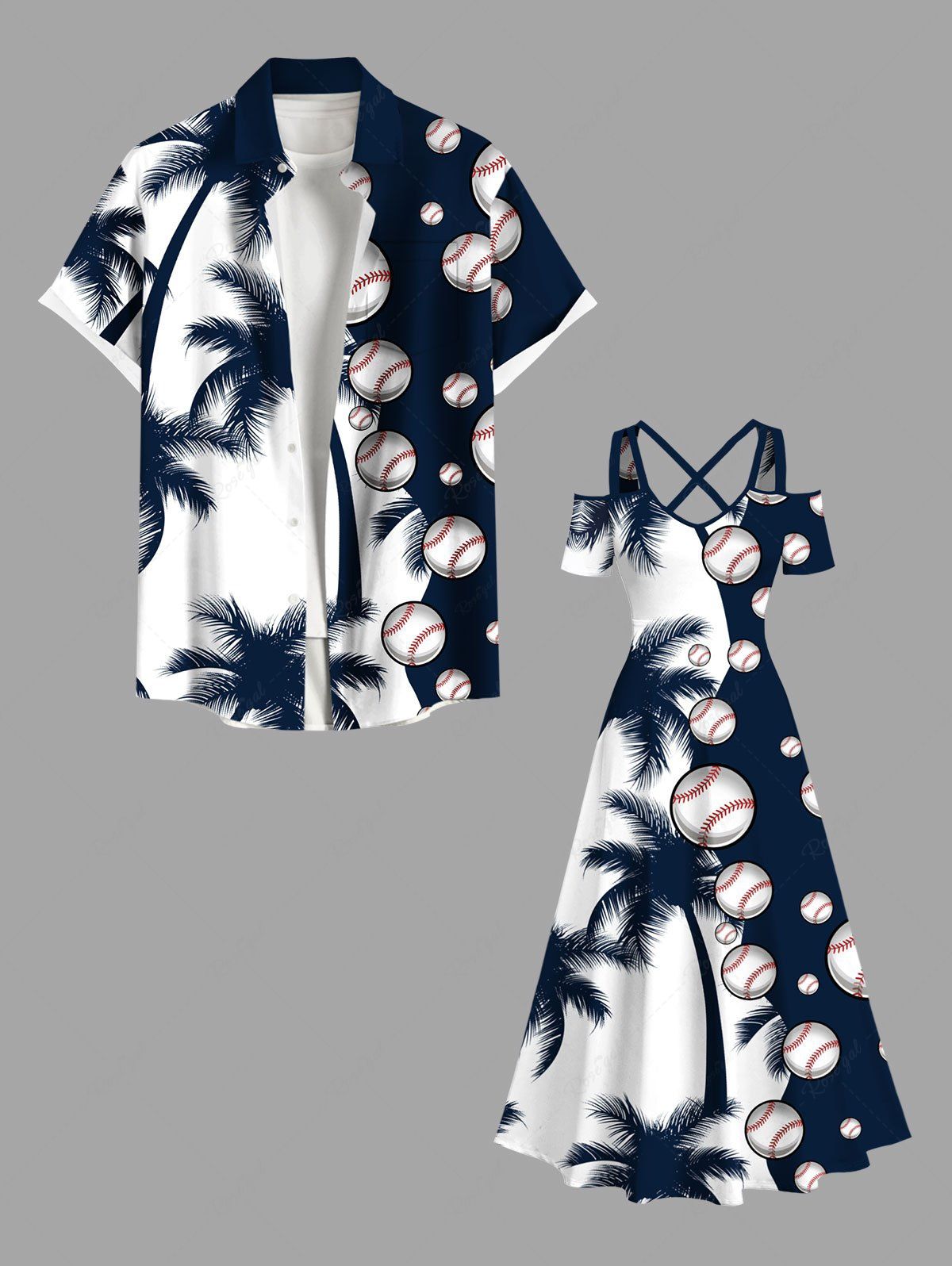 Costume de Baseball Grande Taille Transparent Imprimé Cocotier pour la Plage Bleu 