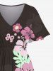 Robe Mi-Longue Linge A Fendue Feuille Papillon et Fleur Imprimés de Grande Taille avec Poche - Café profond 5X