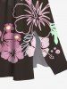 Robe Mi-Longue Linge A Fendue Feuille Papillon et Fleur Imprimés de Grande Taille avec Poche - Café profond 5X