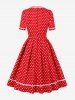 Polka Dot Print Buttons Zipper Back Pleated Vintage Dress -  