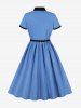 Zipper Buttons Shirt Collor Tie Bowknot Vintage Dress With Grommets Belt -  