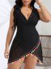 Plus Size Colorful Tassel Trim Crossover Surplice Plunging Sheer See Thru Tied Back Beach Cover Up -  