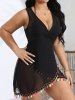 Plus Size Colorful Tassel Trim Crossover Surplice Plunging Sheer See Thru Tied Back Beach Cover Up -  