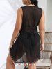 Plus Size Colorful Tassel Trim Crossover Surplice Plunging Sheer See Thru Tied Back Beach Cover Up -  