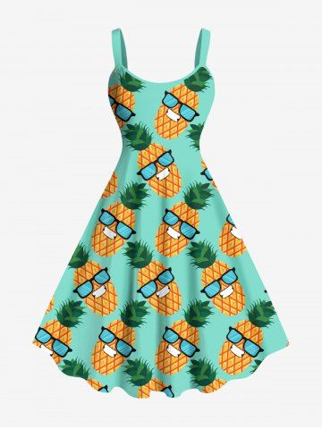 Plus Size Pineapple Sunglasses Print Hawaii Tank Dress - GREEN - XS