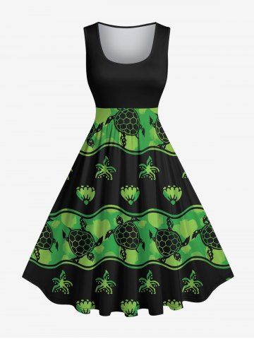 Plus Size Turtle Starfish Shell Colorblock Print 1950s Vintage Hawaii Dress - BLACK - 2X
