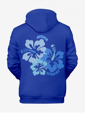 Plus Size Tropical Hibiscus Flowers Print Pocket Drawstring Hawaii Hoodie For Men - BLUE - 5XL