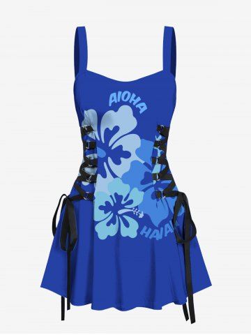 Tropical Hibiscus Flowers Print Lace Up Hawaii Tank Dress - BLUE - M