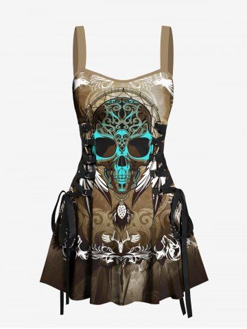 Distressed Skull Dreamcatcher Feather Wing Print Hawaii Lace Up A Line Tank Dress - COFFEE - XS