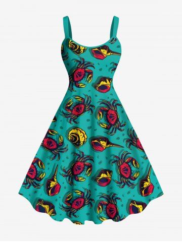 Plus Size Crab Conch Shell Print Hawaii Sea Creatures A Line Dress - GREEN - M