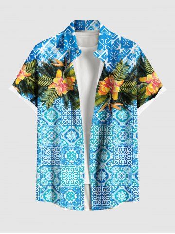 Plus Size Vintage Geometric Floral Tropical Leaves Print Hawaii Button Pocket Shirt For Men