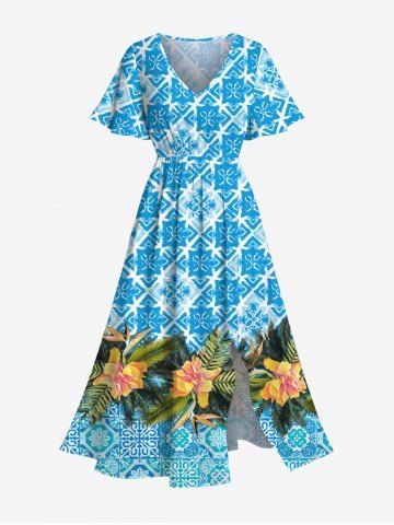 Plus Size Vintage Geometric Floral Tropical Leaves Print Hawaii Split Pocket A Line Midi Dress - LIGHT BLUE - S