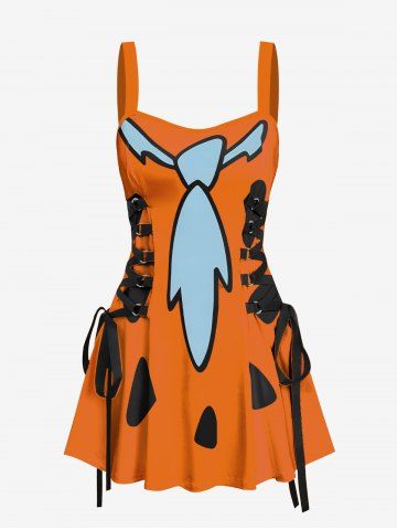 Interesting Watermelon Tie Print Lace Up Hawaii Tank Dress - ORANGE - S