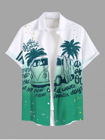 Plus Size Coconut Tree Bus Letters Print Hawaii Ombre Button Pocket Shirt For Men - GREEN - S