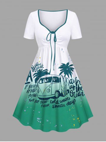 Plus Size Coconut Tree Bus Letters Print Hawaii Ombre Cinched A Line Dress - GREEN - S