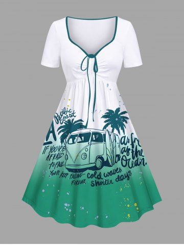 Plus Size Coconut Tree Bus Letters Print Hawaii Ombre Cinched A Line Dress - GREEN - M