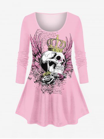 Plus Size Skull Crown Wing Rose Flower Letters Print Long Sleeves T-shirt - LIGHT PINK - S