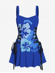 Tropical Hibiscus Flowers Print Lace Up Hawaii Tank Dress -  