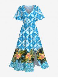 Plus Size Vintage Geometric Floral Tropical Leaves Print Hawaii Split Pocket A Line Midi Dress -  