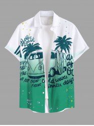 Plus Size Coconut Tree Bus Letters Print Hawaii Ombre Button Pocket Shirt For Men -  