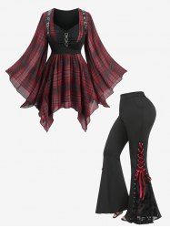 Plaid Printed Chain Ruched PU Strap Corset Blouse and Floral Flocking Lace-up Flare Pants Plus Size Outfit - Rouge foncé 