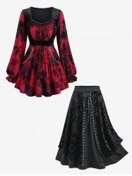 Floral Flocking Tie Dye Ruched Bust Velvet Top and Embossed Lace Up Layered Skirt Plus Size Outfit -  