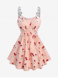Plus Size Cherry Print Lace-up Grommets Buckle Surplice Lace Trim Tank Top -  
