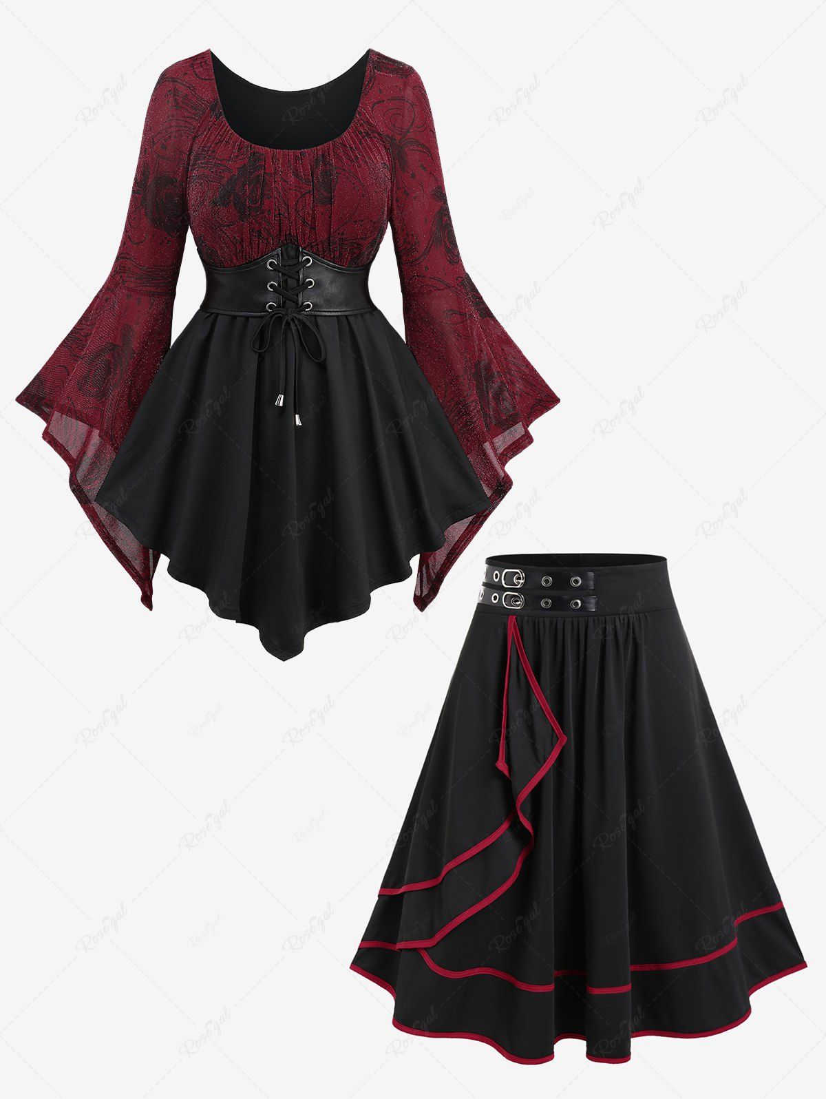 Haut Péplum Rose Imprimée de Grande Taille à Lacets et de Jupe Ligne A Mi-Longue à Volants Rouge 