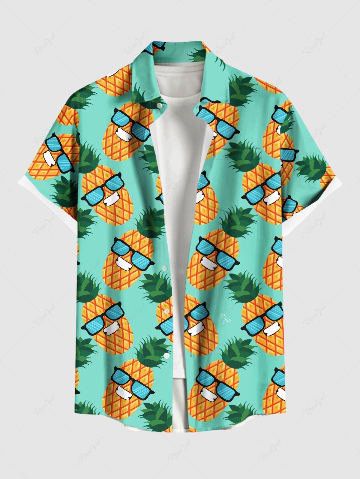 Cheap Plus Size Pineapple Sunglasses Print Buttons Pocket Hawaii Shirt For Men  