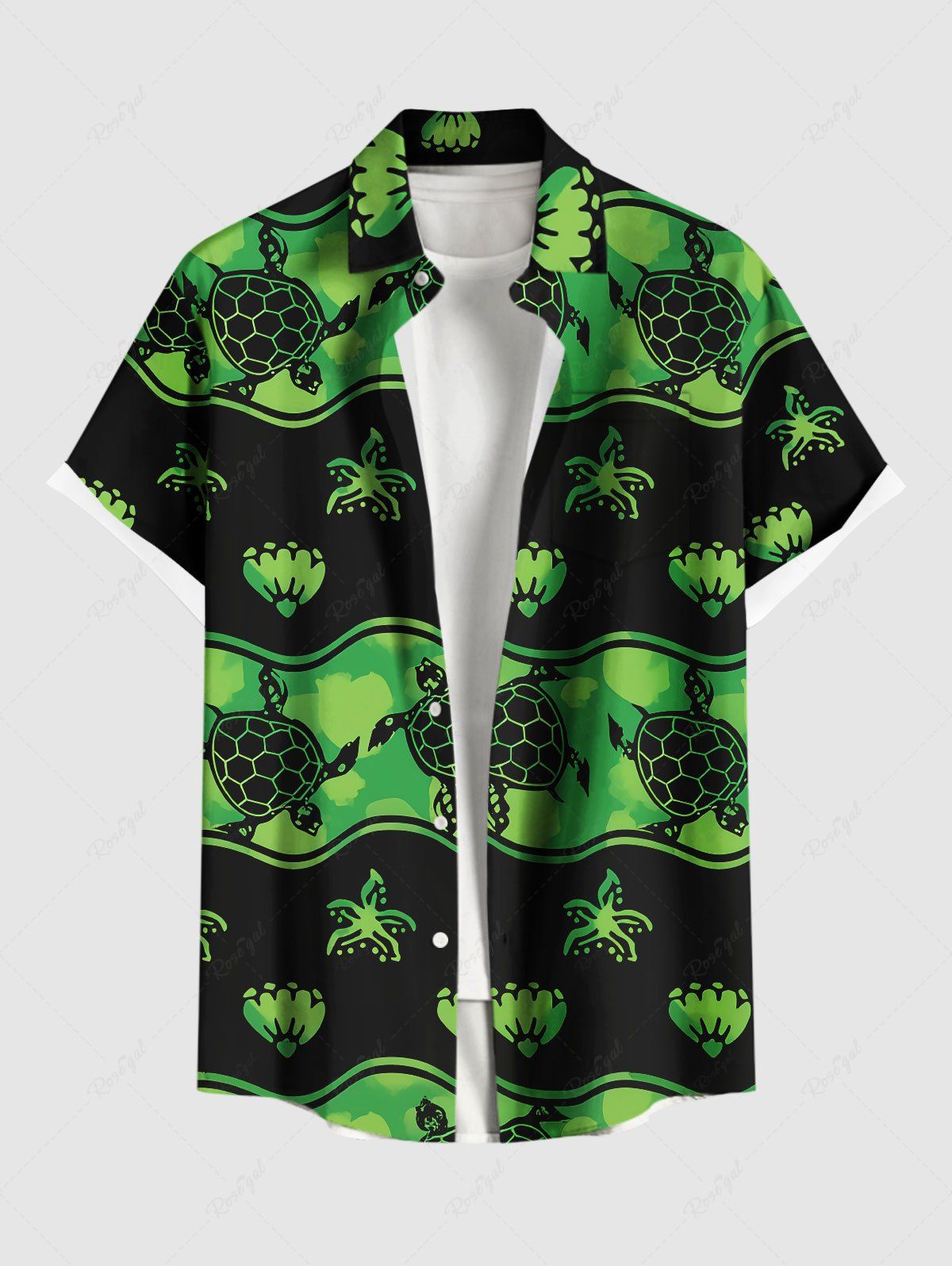 New Plus Size Turtle Starfish Shell Colorblock Print Buttons Pocket Hawaii Shirt For Men  