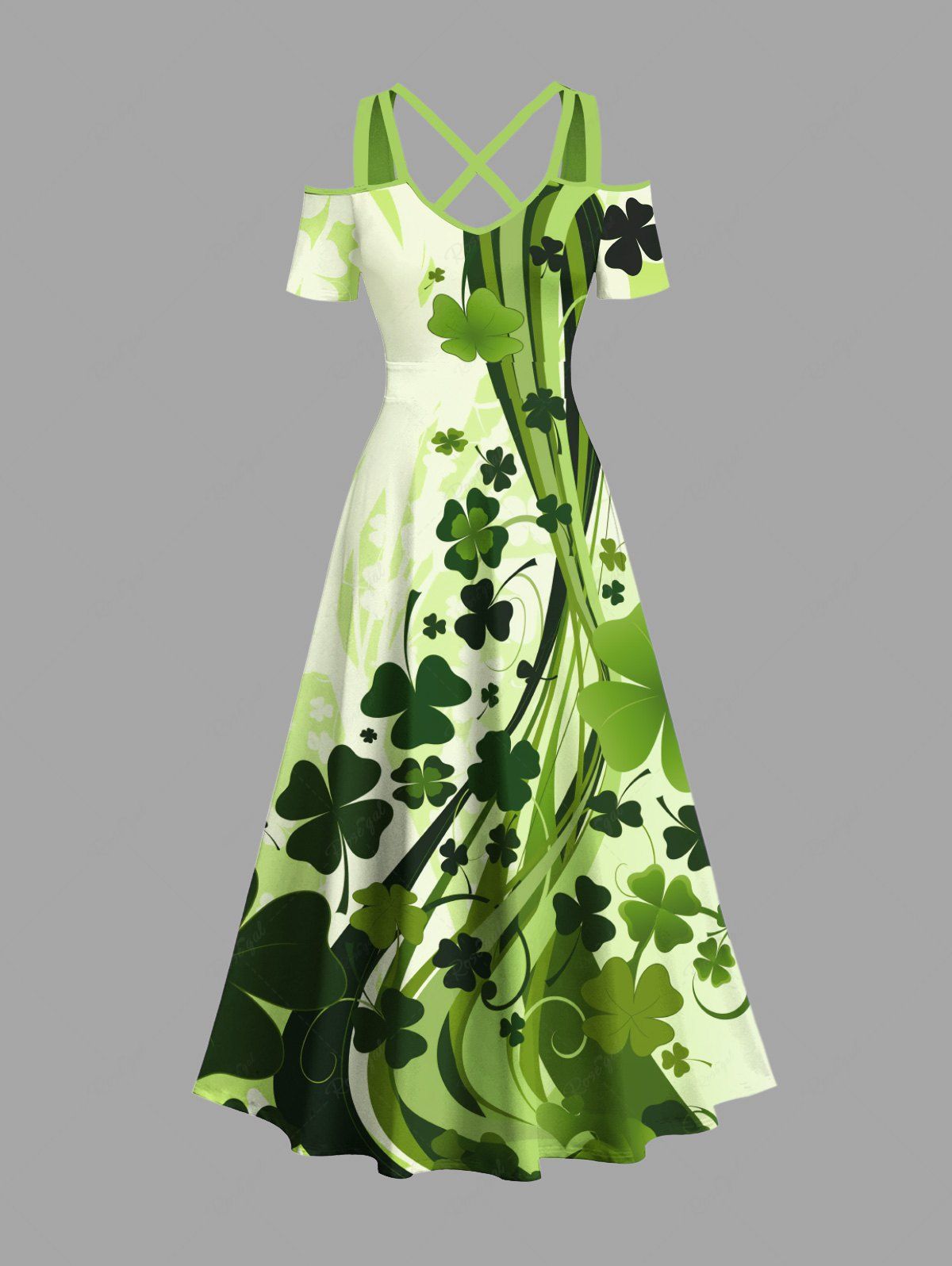 Affordable Plus Size St. Patrick's Day Four Leaf Clover Print Cold Shoulder Crisscross Maxi Dress  