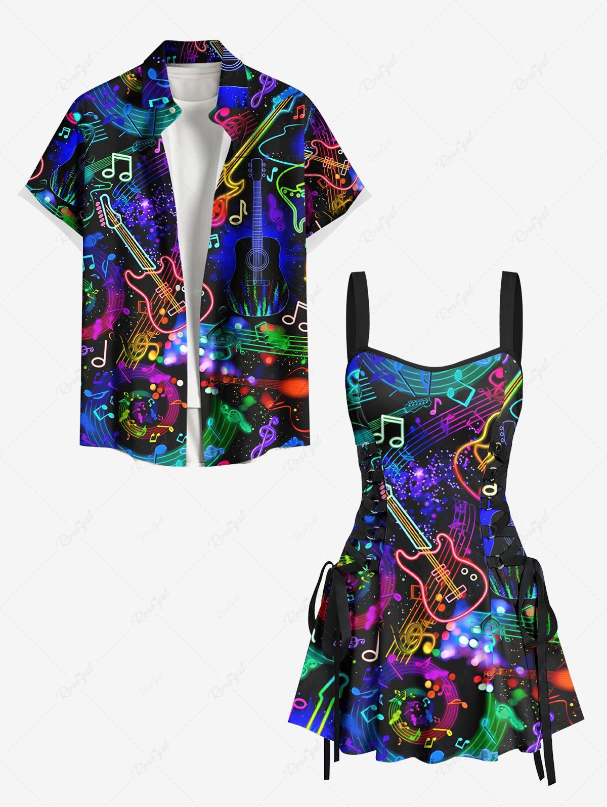 Online Music Notes Guitar Colorful Glitter 3D Print Plus Size Matching Outfit For Couples  