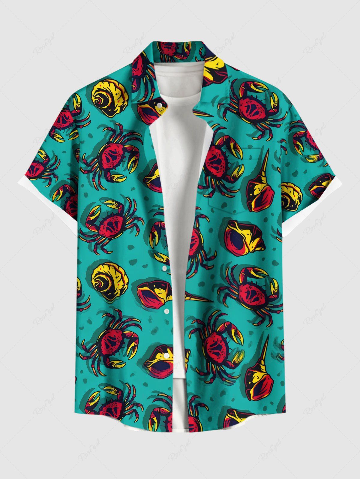 Chic Plus Size Crab Conch Shell Print Hawaii Sea Creatures Button Pocket Shirt For Men  